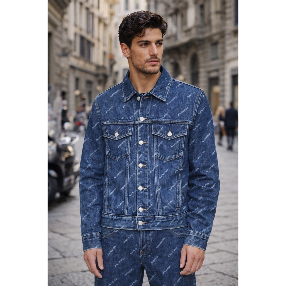 Sandro Paris All Over Logo Denim Jacket Men's Blue XXL‎